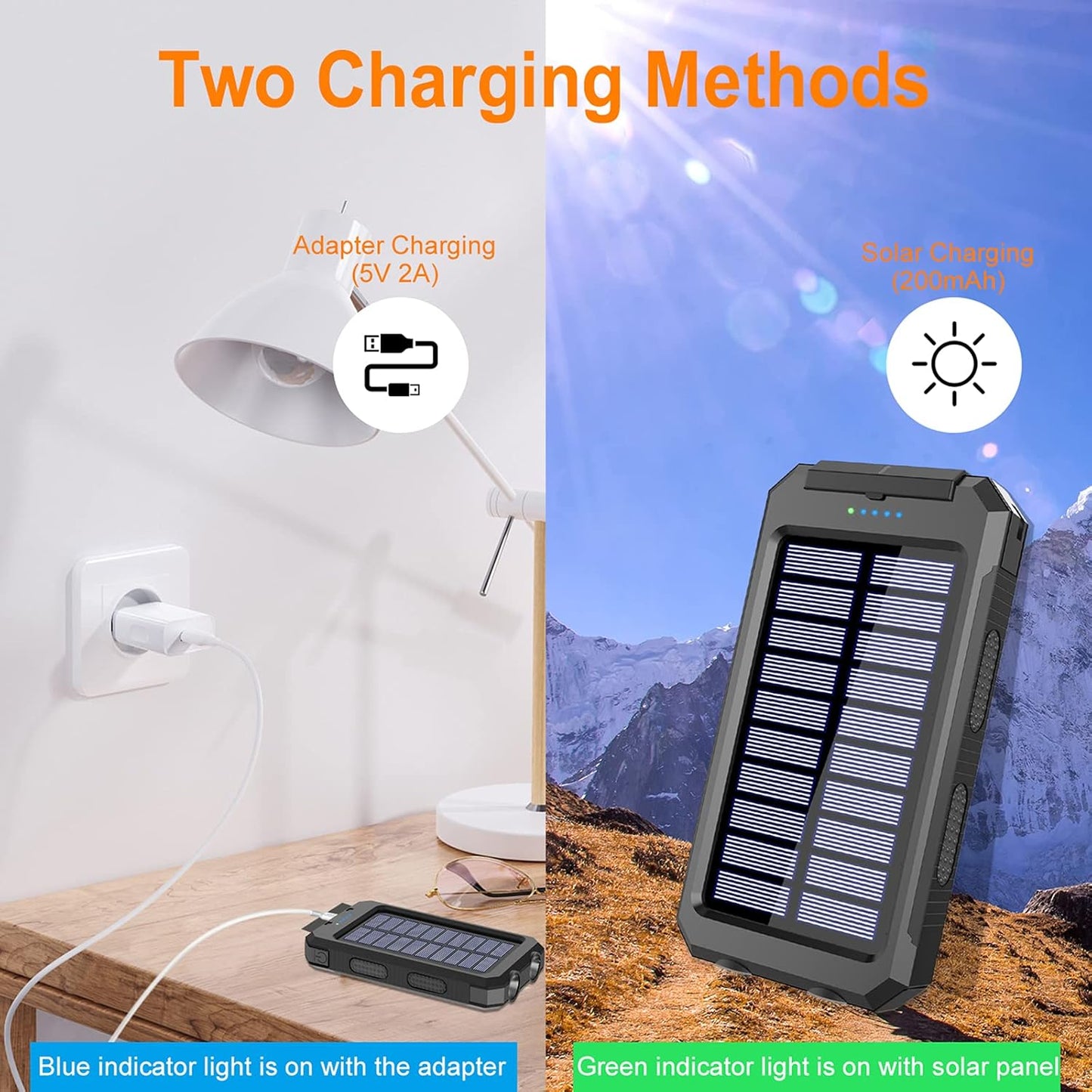 Solar Charger Power Bank, 38800Mah Portable Charger Fast Charger Dual USB Port Built-In Led Flashlight and Compass for All Cell Phone and Electronic Devices Black